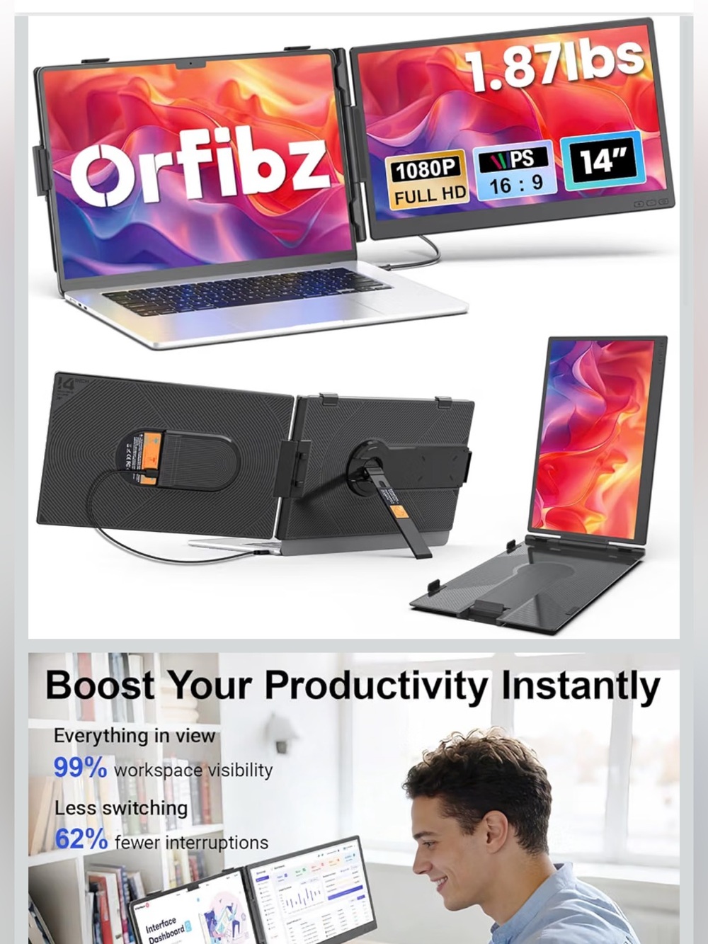 14" Portable Dual External Monitor - Black